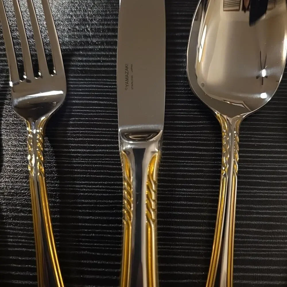 Vintage Tasha Yamazaki Gold Accent Stainless Flatware 5 PC Place Setting discont